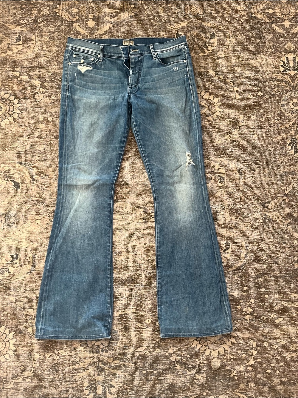 MOTHER Blue Distressed Flare Jeans